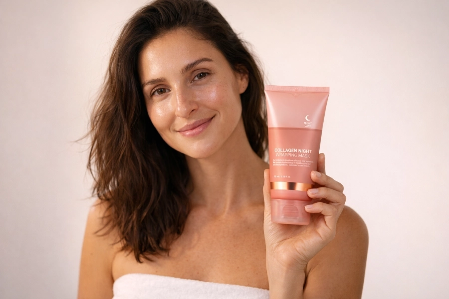 Woman applying the KONIRIA night collagen mask