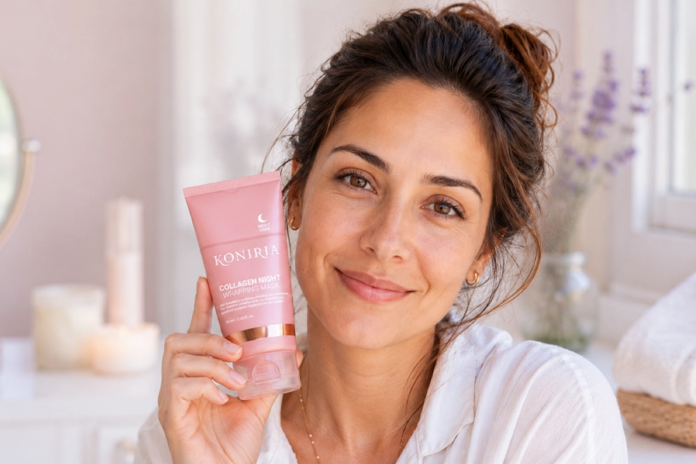 Woman applying the KONIRIA night collagen mask